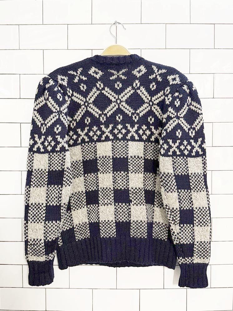 vintage ralph lauren 100% wool puff shoulder fair isle check knit sweater - good market thrift store