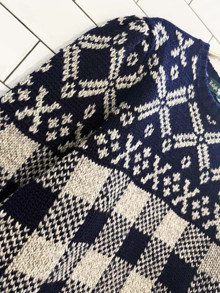 vintage ralph lauren 100% wool puff shoulder fair isle check knit sweater - good market thrift store