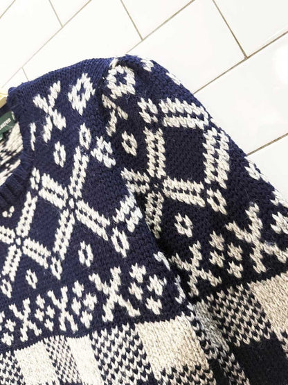 vintage ralph lauren 100% wool puff shoulder fair isle check knit sweater - good market thrift store