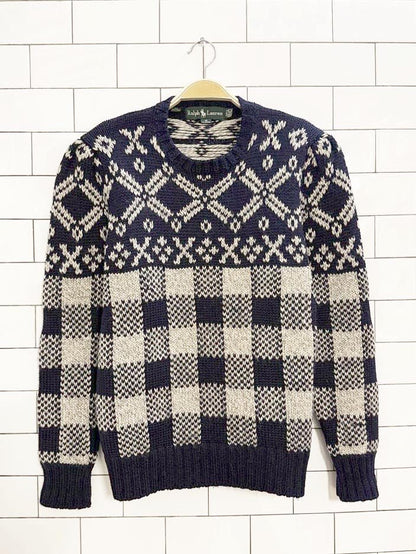vintage ralph lauren 100% wool puff shoulder fair isle check knit sweater - good market thrift store
