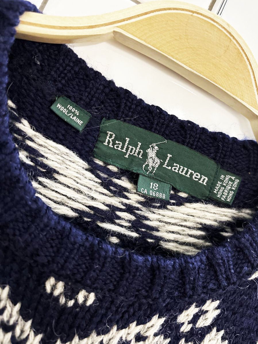 vintage ralph lauren 100% wool puff shoulder fair isle check knit sweater - good market thrift store