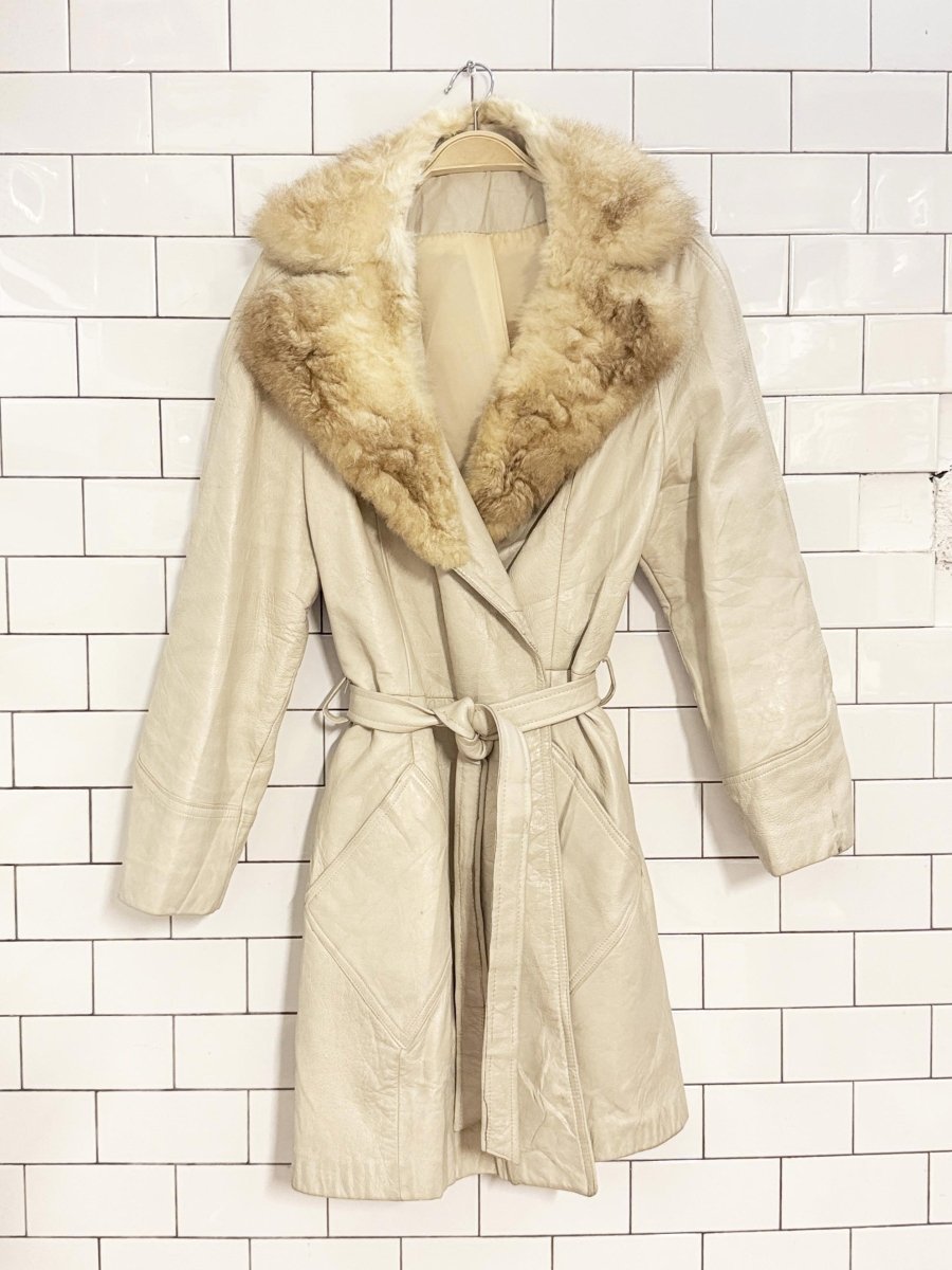 vintage real fur collar leather belted short penny lane jacket - good market thrift store