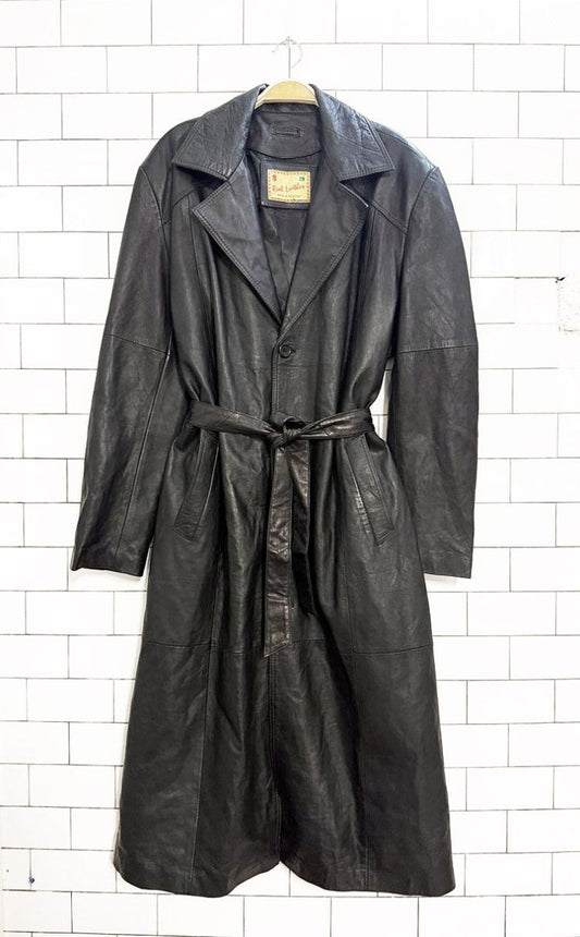 vintage real leather belted leather trench coat - good market thrift store