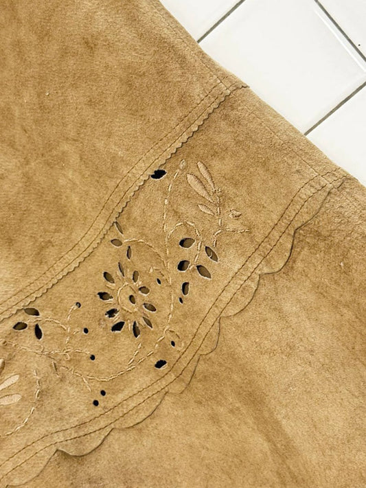 vintage rené derby suede boho laser cut floral and paisley midi skirt - good market thrift store