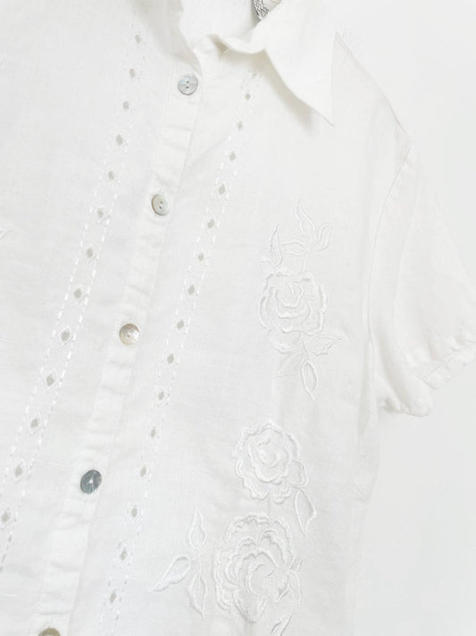 vintage richard malcolm 100% irish linen floral embroidered full button shirt - good market thrift store
