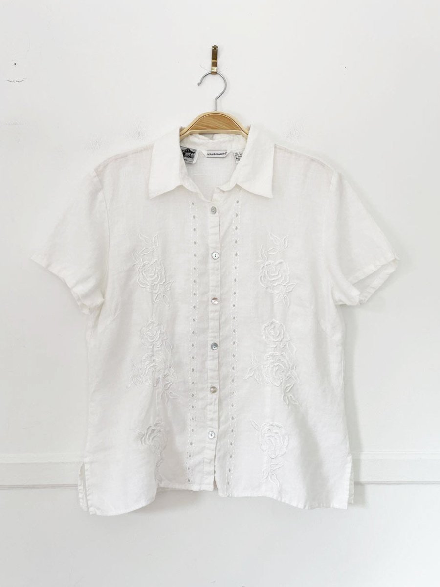 vintage richard malcolm 100% irish linen floral embroidered full button shirt - good market thrift store
