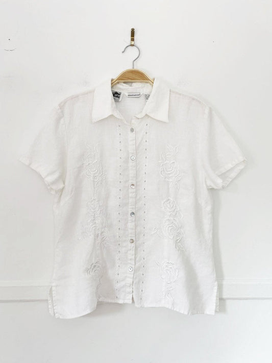 vintage richard malcolm 100% irish linen floral embroidered full button shirt - good market thrift store