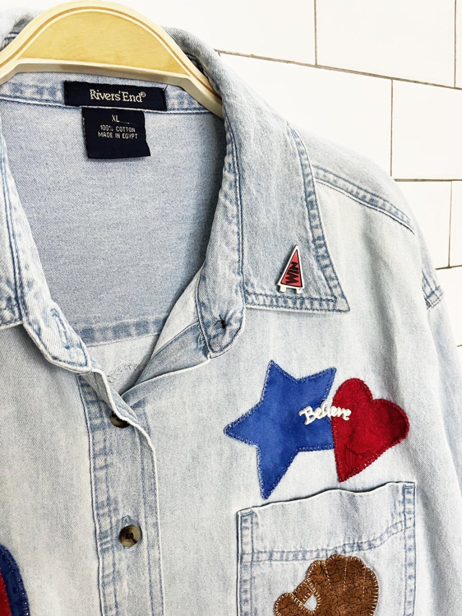 vintage rivers end handmade cubs denim baseball patch full button shirt - good market thrift store