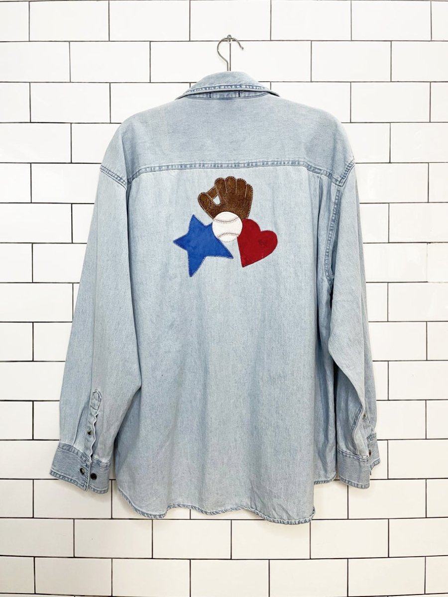 vintage rivers end handmade cubs denim baseball patch full button shirt - good market thrift store