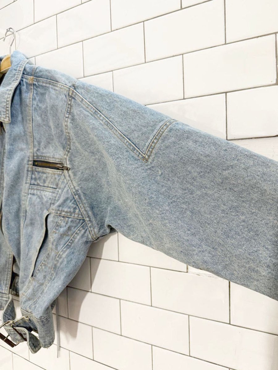 vintage rue royal original full zip belted denim biker jacket - good market thrift store