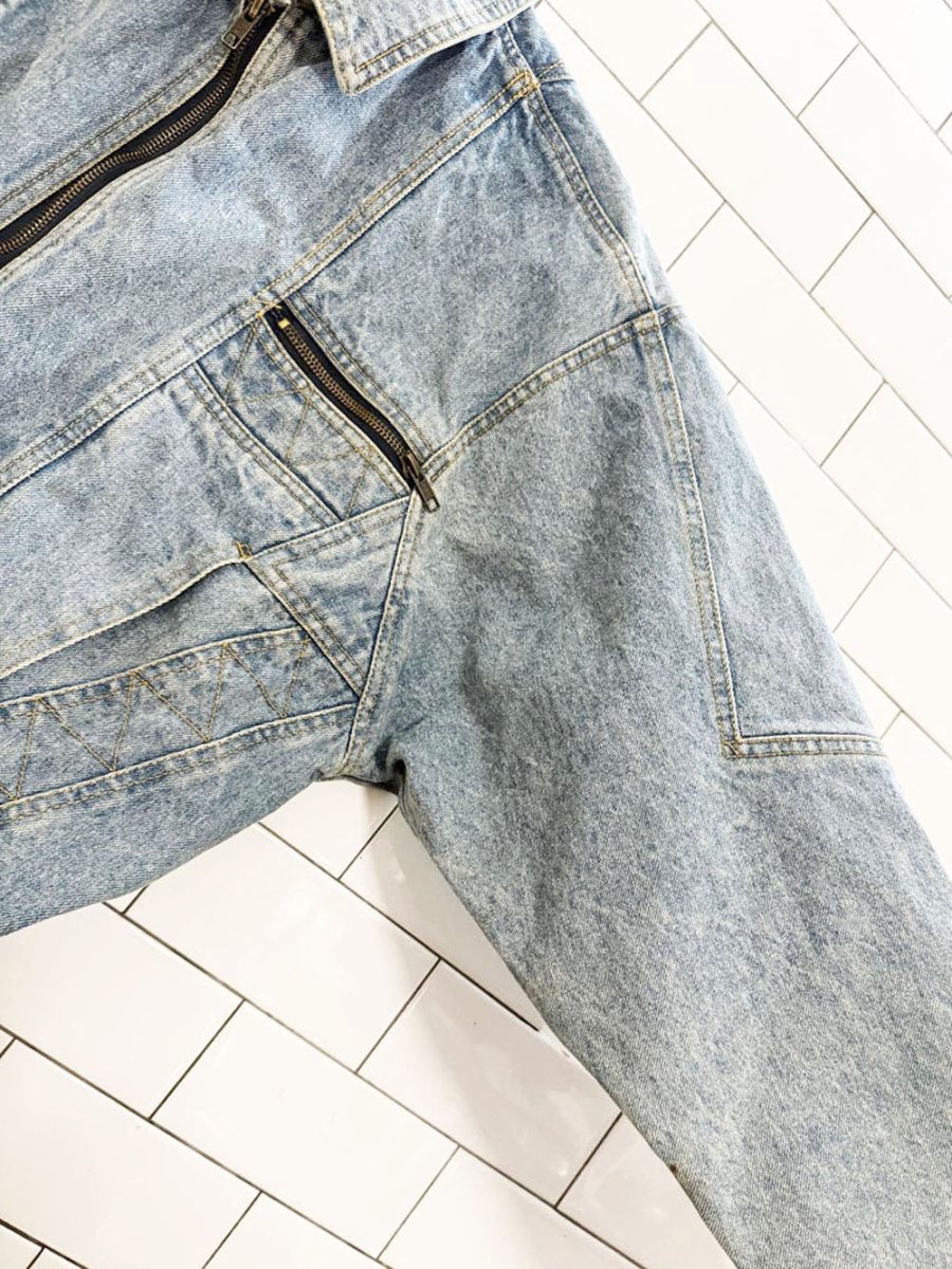 vintage rue royal original full zip belted denim biker jacket - good market thrift store
