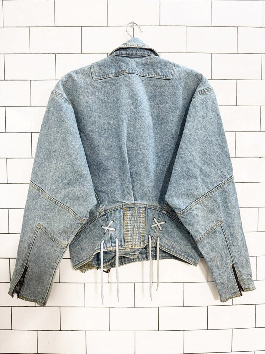 vintage rue royal original full zip belted denim biker jacket - good market thrift store