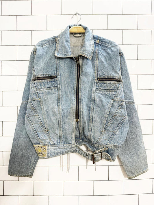 vintage rue royal original full zip belted denim biker jacket - good market thrift store