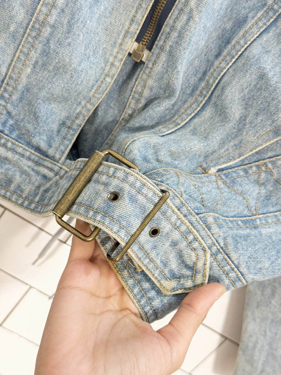 vintage rue royal original full zip belted denim biker jacket - good market thrift store