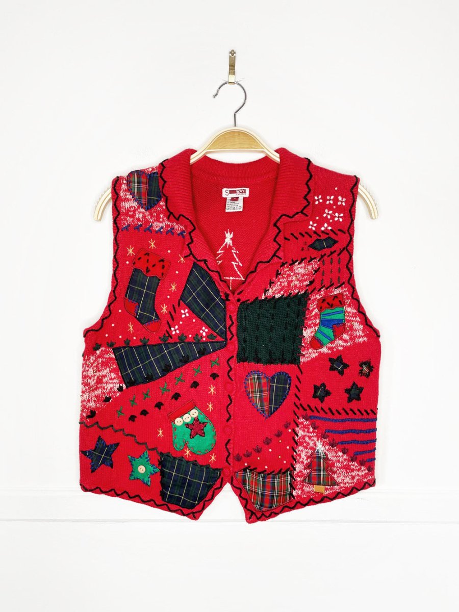 vintage s - way patchwork holiday knit vest - good market thrift store