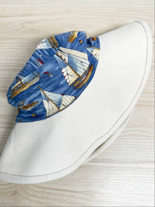 vintage sail boats wide brim canvas sun hat - good market thrift store