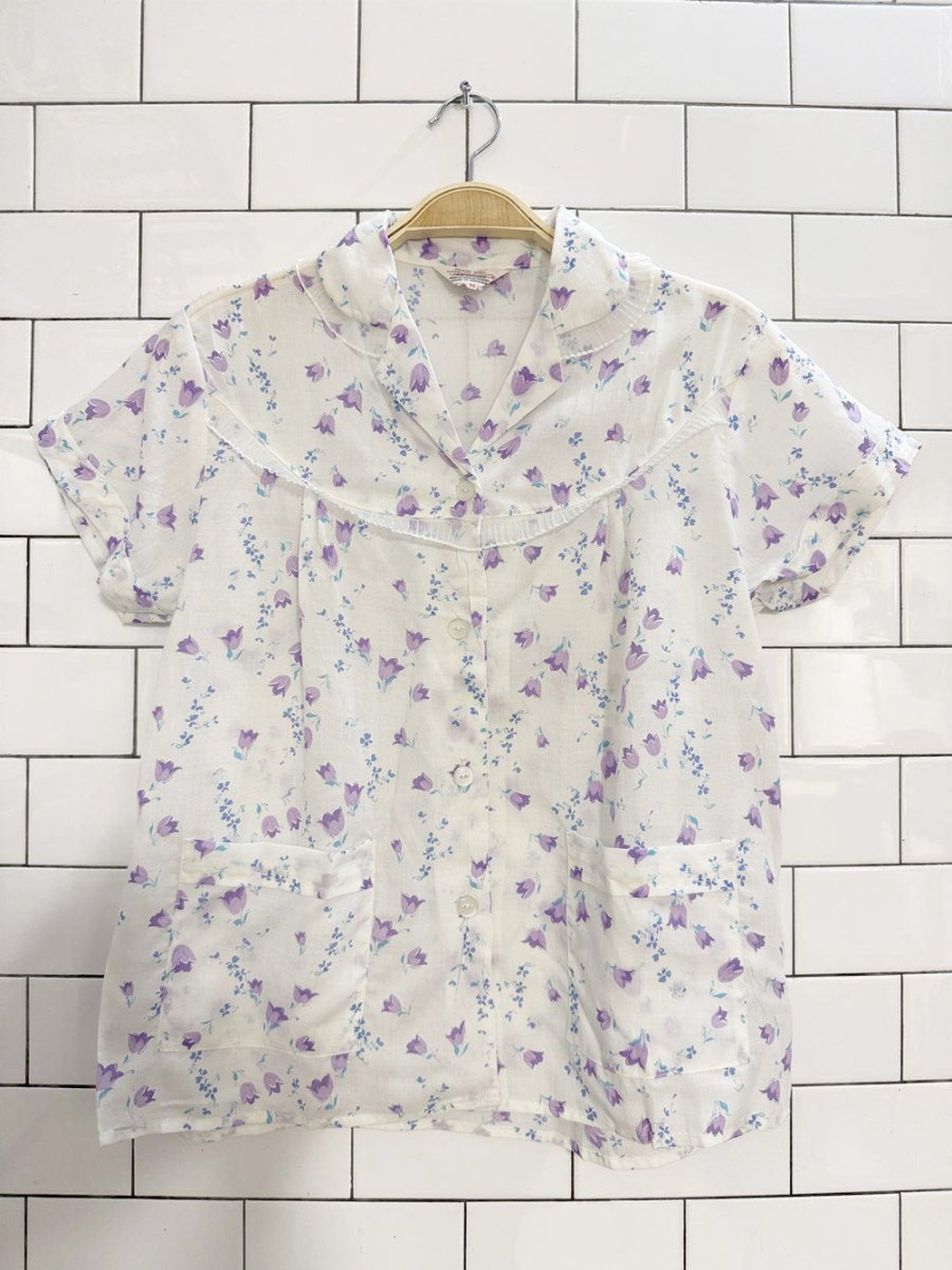 vintage sanforized floral pleated chiffon trim full button blouse - good market thrift store