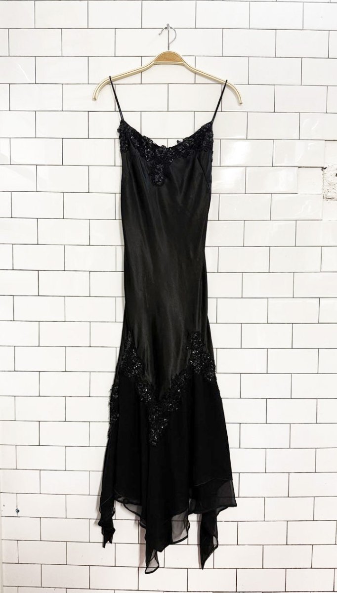 vintage satin slip beaded 100% silk chiffon shark bite hem gown - good market thrift store