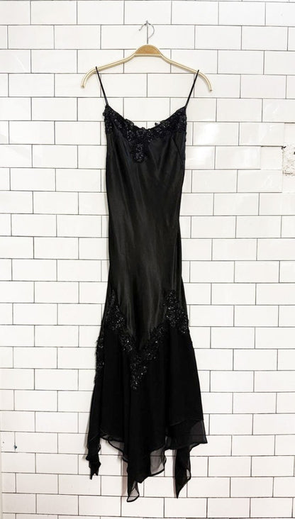 vintage satin slip beaded 100% silk chiffon shark bite hem gown - good market thrift store