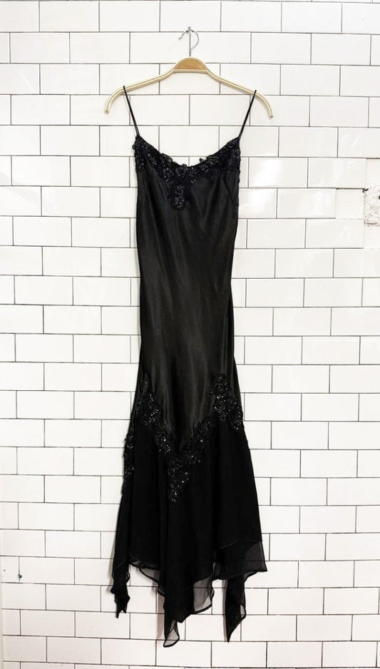 vintage satin slip beaded 100% silk chiffon shark bite hem gown - good market thrift store