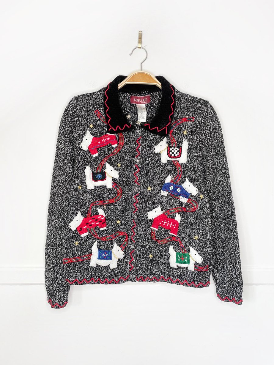vintage scottish terrier + bells chenille collar knit cardigan | sun li joy - good market thrift store