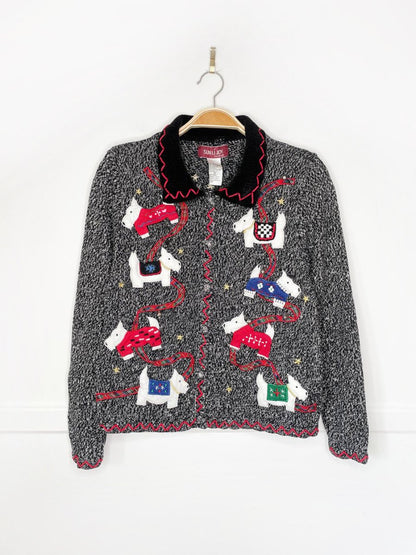 vintage scottish terrier + bells chenille collar knit cardigan | sun li joy - good market thrift store