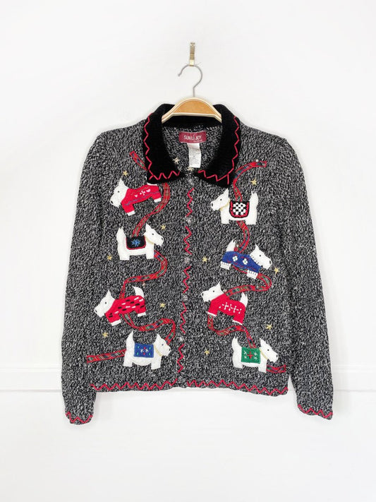 vintage scottish terrier + bells chenille collar knit cardigan | sun li joy - good market thrift store