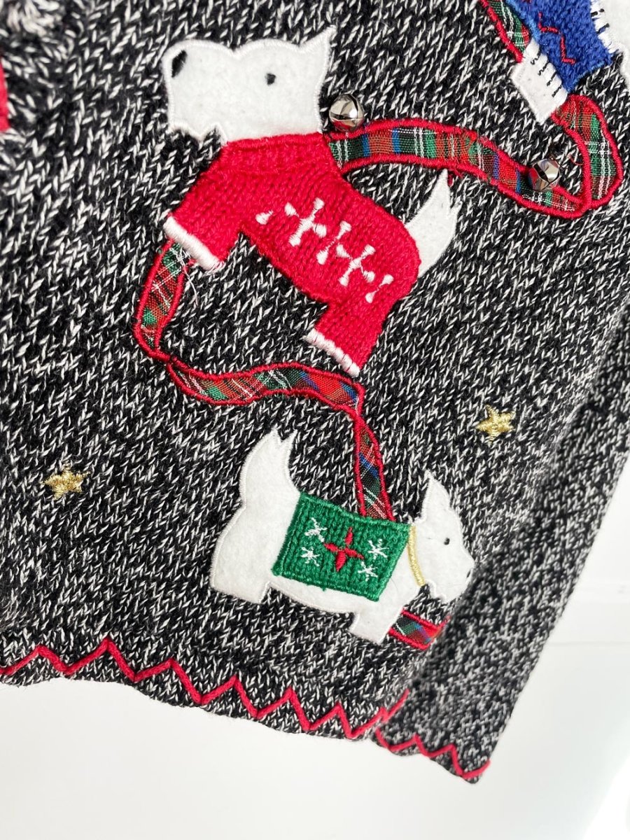 vintage scottish terrier + bells chenille collar knit cardigan | sun li joy - good market thrift store