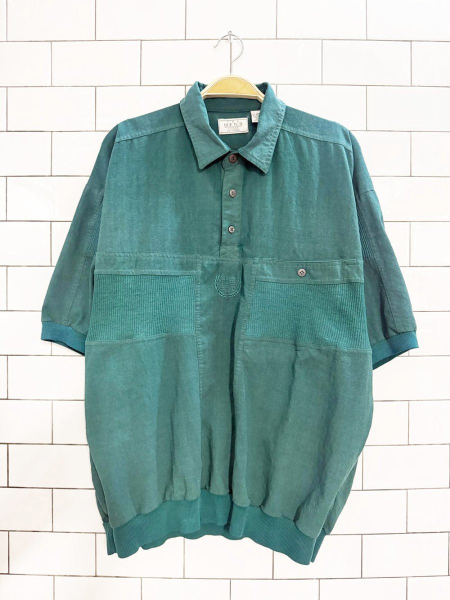 vintage sears embroidered crest ribbed detail half button shirt - good market thrift store