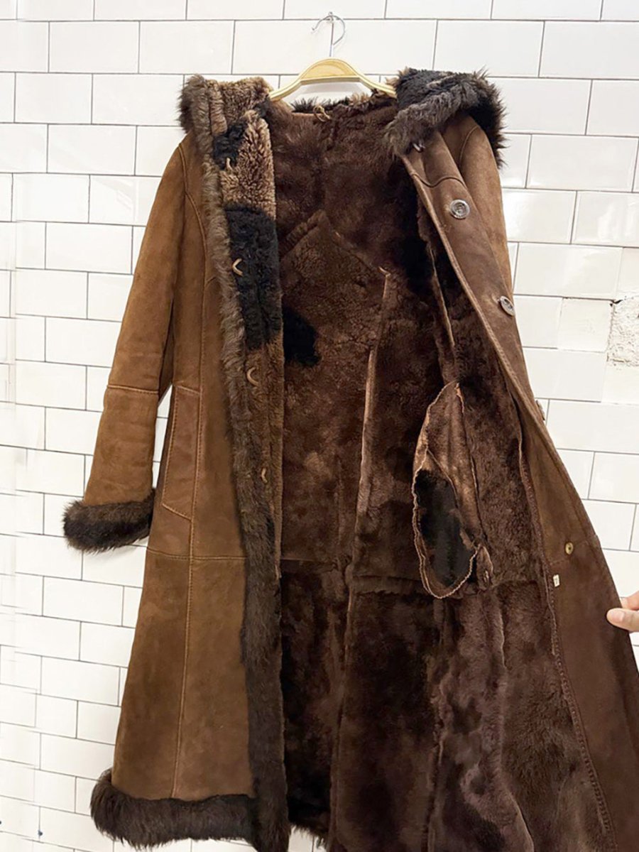 vintage sheepskin long hooded penny lane coat - good market thrift store
