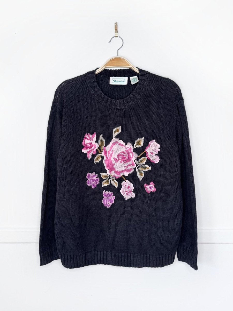 vintage shenanigans cross stitch rose knit sweater - good market thrift store