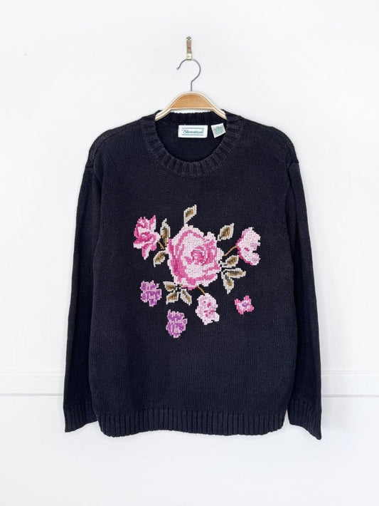 vintage shenanigans cross stitch rose knit sweater - good market thrift store