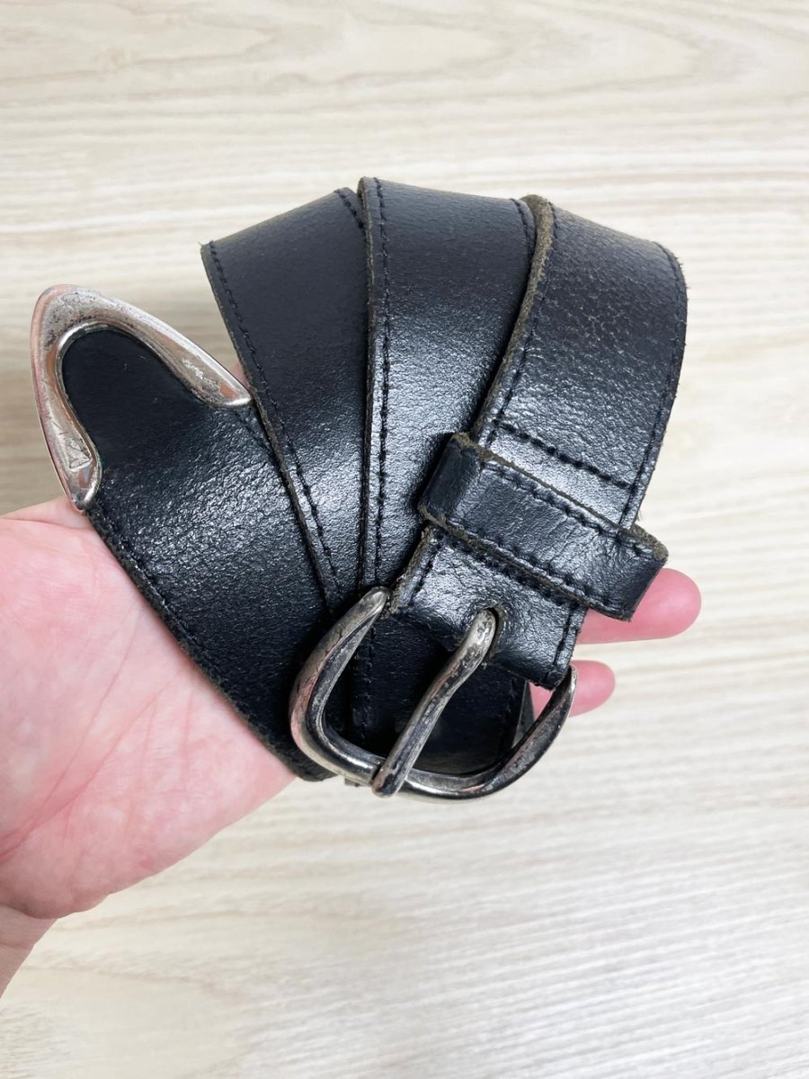 vintage silver buckle + tip custom leather belt | made in Canada - good market thrift store