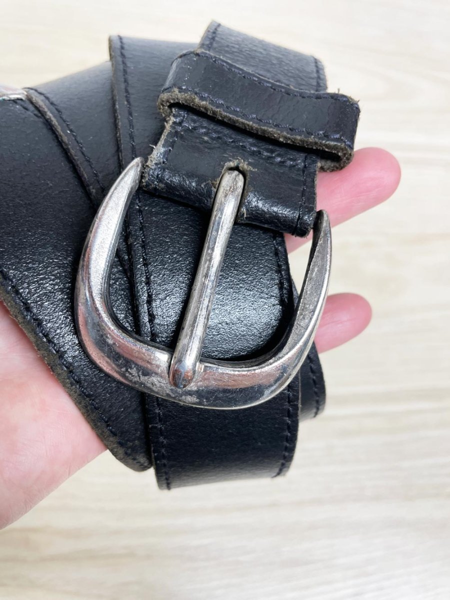vintage silver buckle + tip custom leather belt | made in Canada - good market thrift store