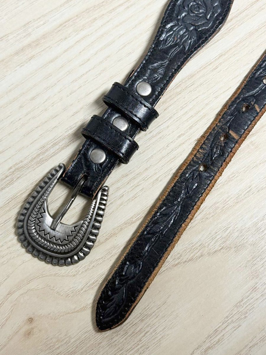 vintage silver creek rose tooled leather silver buckle belt | made in USA - good market thrift store