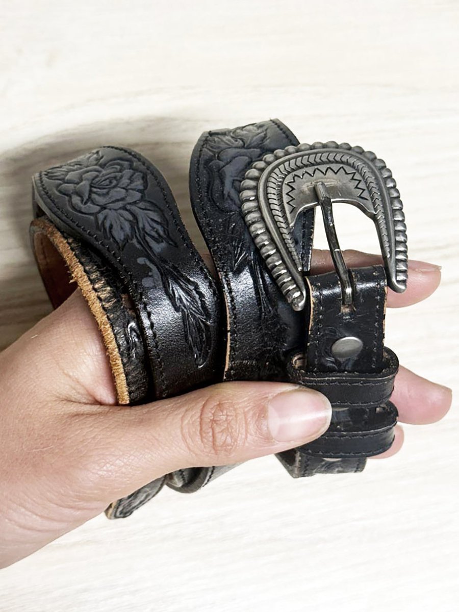 vintage silver creek rose tooled leather silver buckle belt | made in USA - good market thrift store