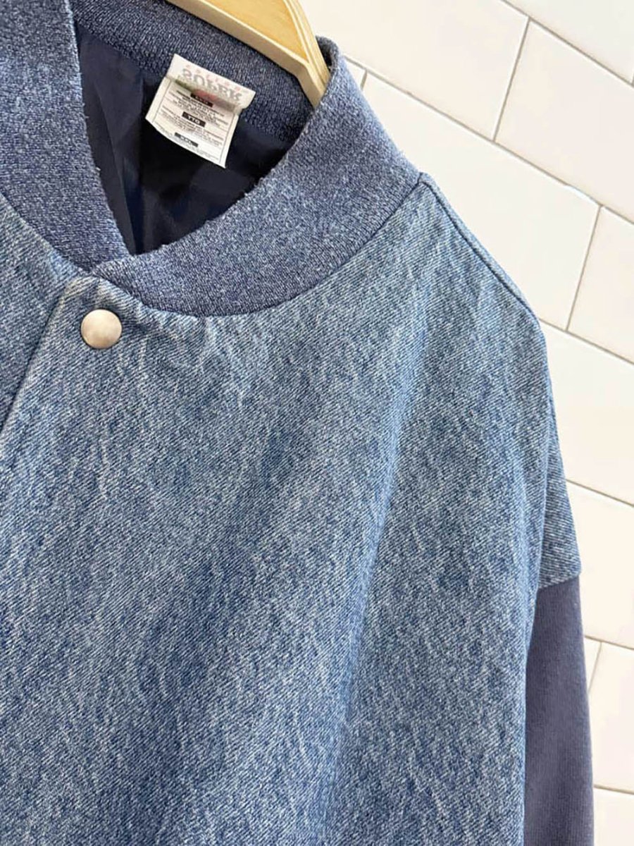 vintage snap button denim baseball bomber jacket | fruit of the loom - good market thrift store