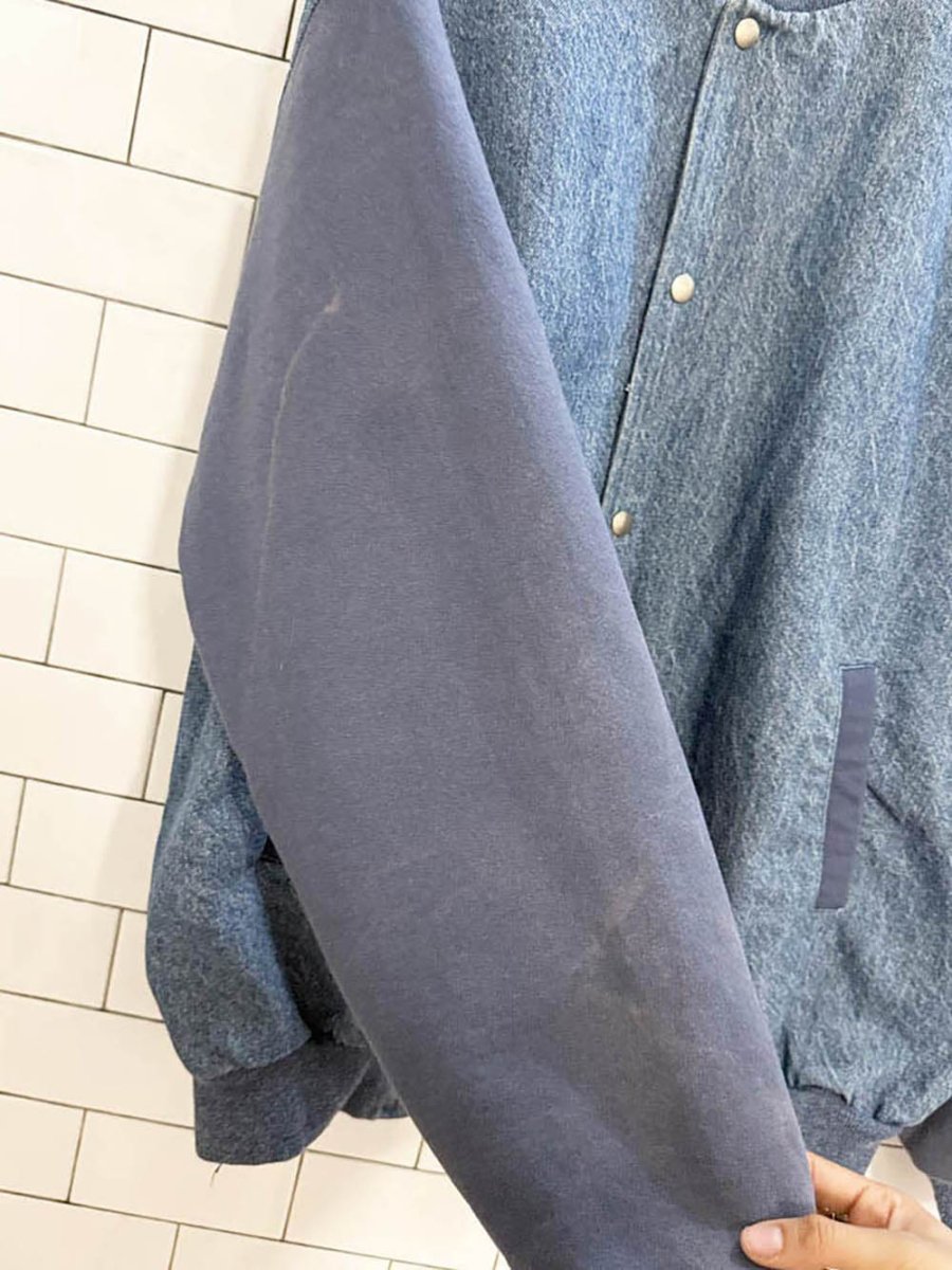 vintage snap button denim baseball bomber jacket | fruit of the loom - good market thrift store