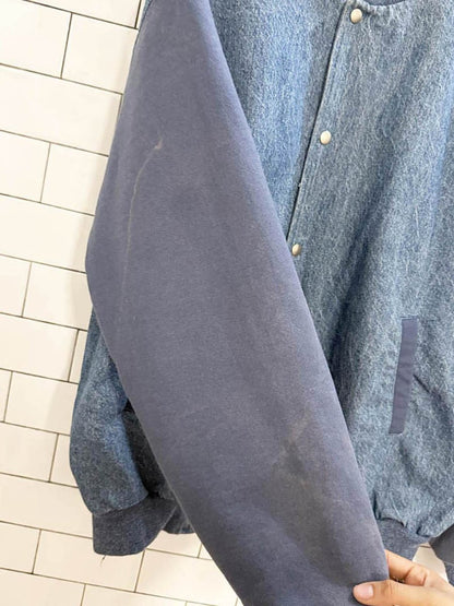 vintage snap button denim baseball bomber jacket | fruit of the loom - good market thrift store