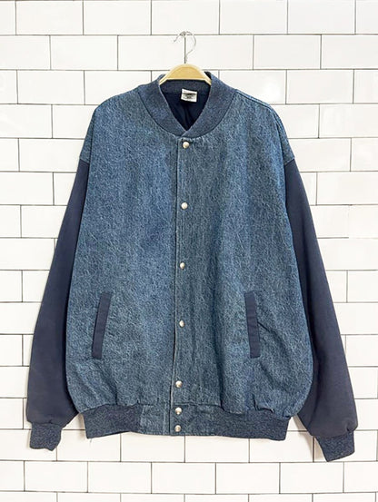 vintage snap button denim baseball bomber jacket | fruit of the loom - good market thrift store