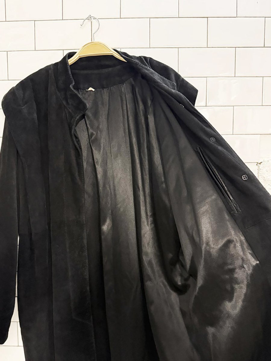 vintage soft suede strong shoulder full button long coat | leather - good market thrift store
