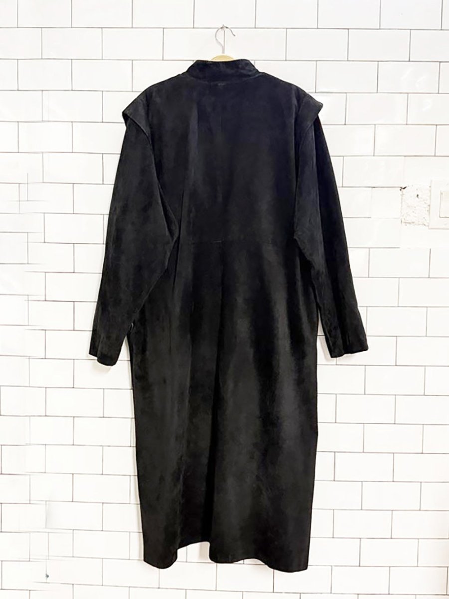 vintage soft suede strong shoulder full button long coat | leather - good market thrift store