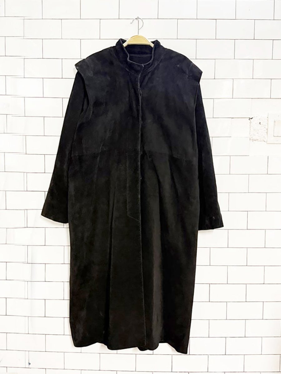 vintage soft suede strong shoulder full button long coat | leather - good market thrift store