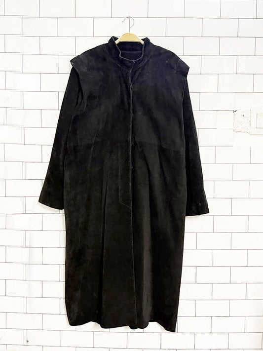 vintage soft suede strong shoulder full button long coat | leather - good market thrift store