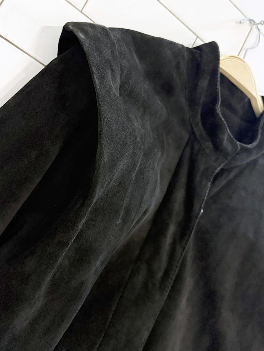 vintage soft suede strong shoulder full button long coat | leather - good market thrift store