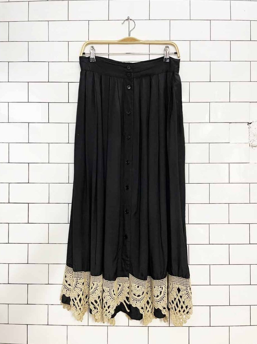vintage southern comforts pleated lace trim full button maxi skirt - good market thrift store