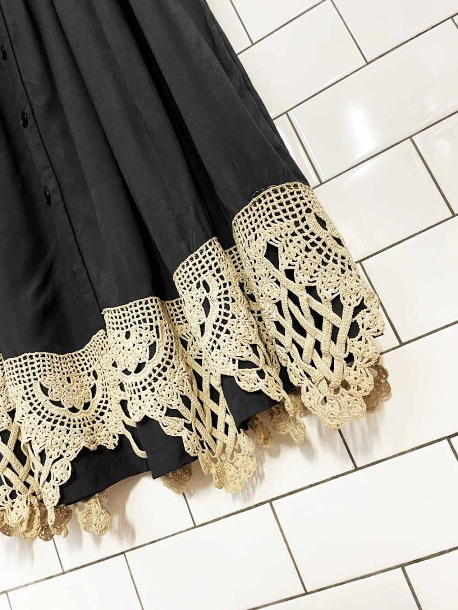 vintage southern comforts pleated lace trim full button maxi skirt - good market thrift store