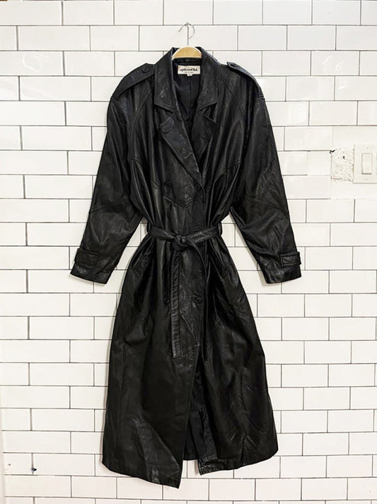 vintage split end ltd. soft leather v - stitch detail belted trench coat - good market thrift store