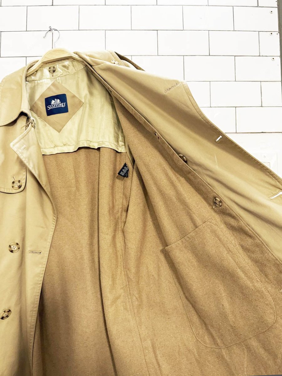vintage stafford double breasted belted trench coat | wool - blend removable lining - good market thrift store