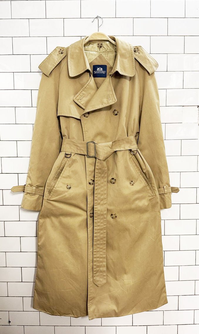 vintage stafford double breasted belted trench coat | wool - blend removable lining - good market thrift store